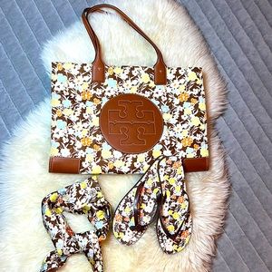 Tory Burch beach set, tote bag, flip flops and silk scarf